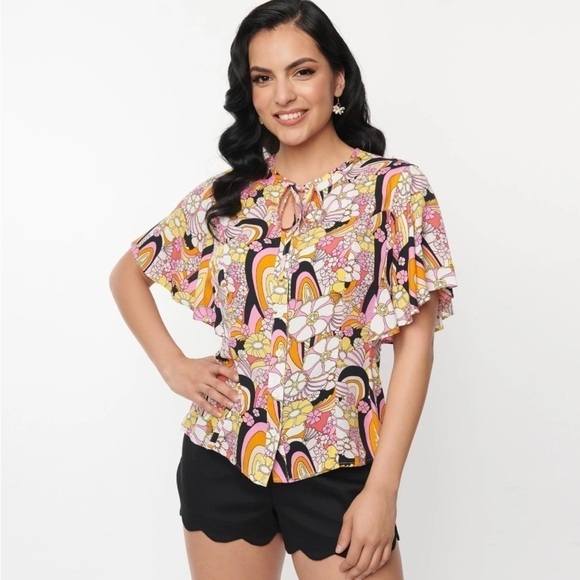 Unique Vintage Pink & Yellow Mod Floral Cecilia Blouse Size Medium NWT - Picture 2 of 11